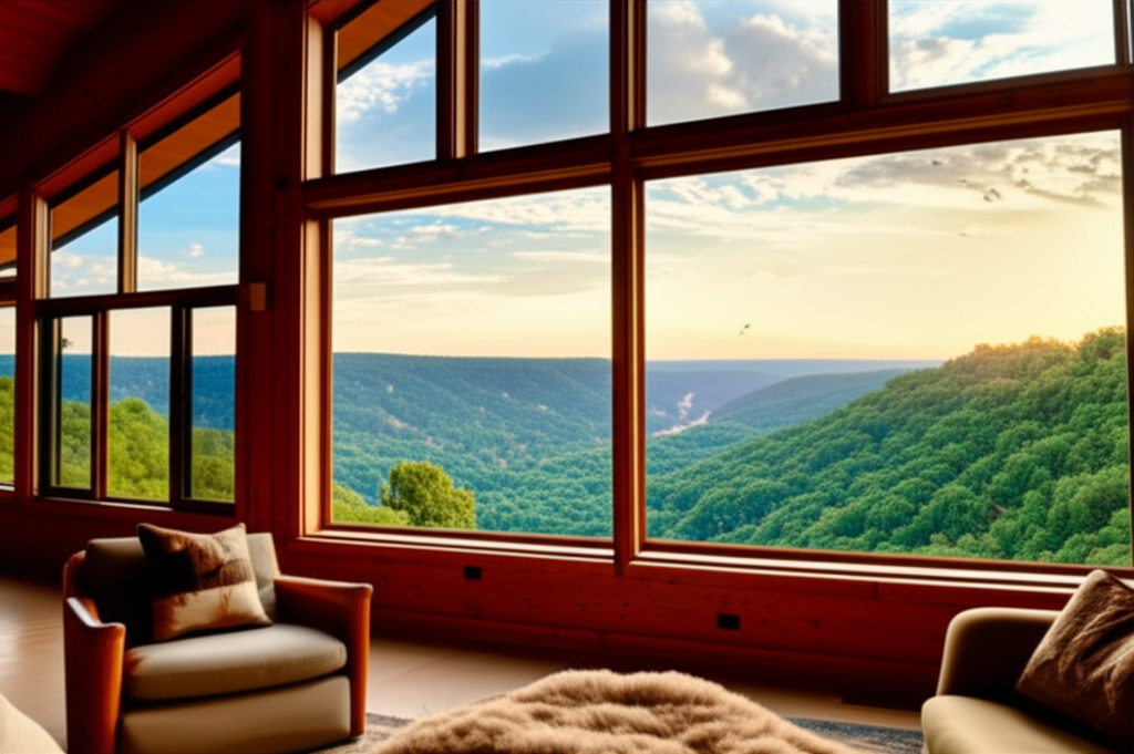 Interior view looking out windows toward Red River Gorge valley