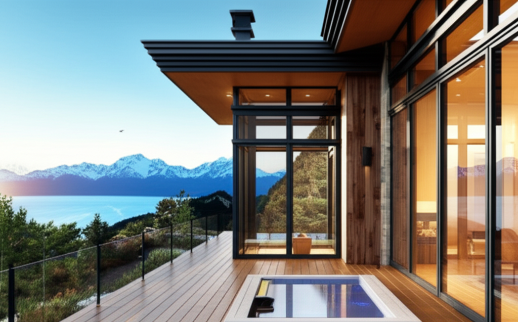 Luxury cabin exterior with hot tub